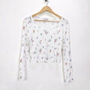 Pink Rose Size M Floral Pointelle Knit Long Sleeve Button Up Crop Top In White